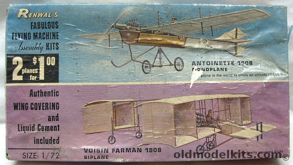 Renwal 1/72 2 for 1 Aeroskin Fabulous Flying Machines Antoinette 1908 Monoplane and Voisin Farman 1908 Biplane, 212-100 plastic model kit